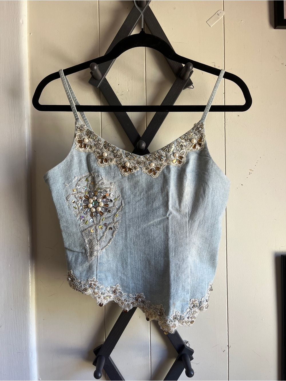 1990s Vintage Embellished Light Blue Denim Cami Top